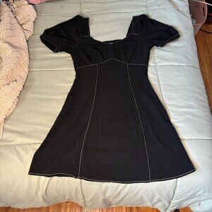Urban Revivo Dainty Black Mini Dress Classy Girly White Thread Detailing